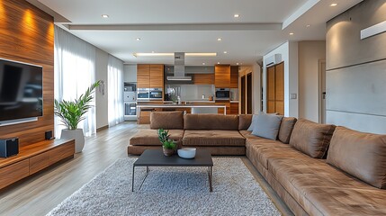 Obraz premium Modern open plan living room interior with brown leather sectional sofa and wooden kitchen in the background