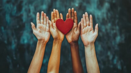 A diverse group of hands in various skin tones uplift a single heart symbol, conveying a message of love and unity in a harmonious gathering