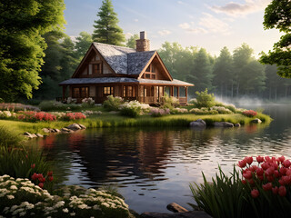 Obraz premium pond,cabin,flower, Generative AI