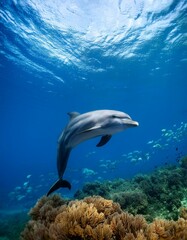 深い青の静かな海の中で、一頭のイルカが悠々と泳いでいる。静寂の中でのんびりとした動きを見て、周囲には魚の集まりや海草がゆらゆらと揺れているだけの、平和