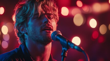 A blond man enthusiastically sings karaoke with a microphone at a festive holiday party, surrounded by cheerful guests enjoying the lively atmosphere