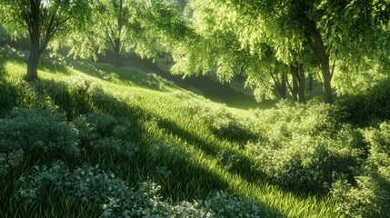 A lush, green hillside with plants and trees. It's a beautiful summer scene.