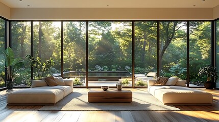 Fototapeta premium Modern living room interior with large windows overlooking backyard, patio, and pool, filled with natural sunlight, wood floors, and minimalist furniture