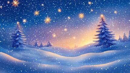 A wintery scene with sparkling stars and falling snowflakes. This beautiful design is perfect for holiday cards, Christmas prints, or New Year's designs.