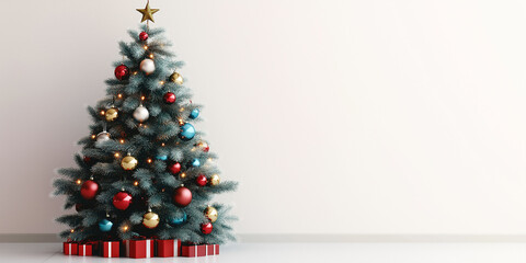 Christmas tree decorated with colorful baubles, lights, star topper, presents beneath, holiday atmosphere concept