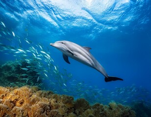 Obraz premium 深い青の静かな海の中で、一頭のイルカが悠々と泳いでいる。静寂の中でのんびりとした動きを見て、周囲には魚の集まりや海草がゆらゆらと揺れているだけの、平和