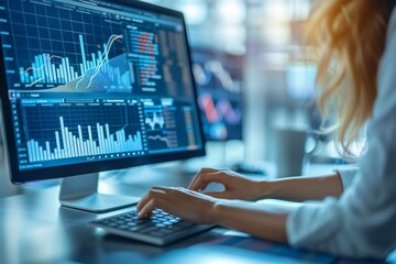 close-up shot of a businesswoman's hand analyzing a graph on a computer at her workplace. The image captures the essence of data analysis and financial analytics in a modern office setting.