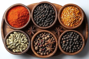 A wooden tray with a variety of spices including red pepper flakes, black pepper