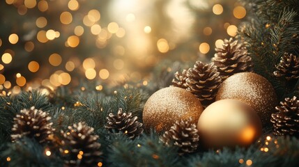 Christmas and New Year holidays background. Christmas tree with golden baubles and lights bokeh background. Space for text. Copy space. Greeting card.