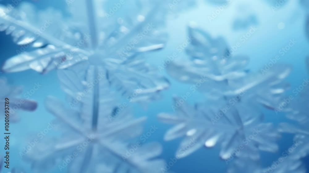 Poster Close up of delicate snowflakes sparkling on a frosted window, creating a magical winter scene with a soft blue background