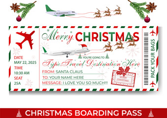 An airplane ticket. Christmas ticket with airplane and reindeer. Printable vector image