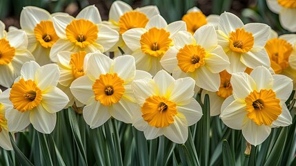 Obraz premium A close-up view of a group of white and yellow daffodils in full bloom.