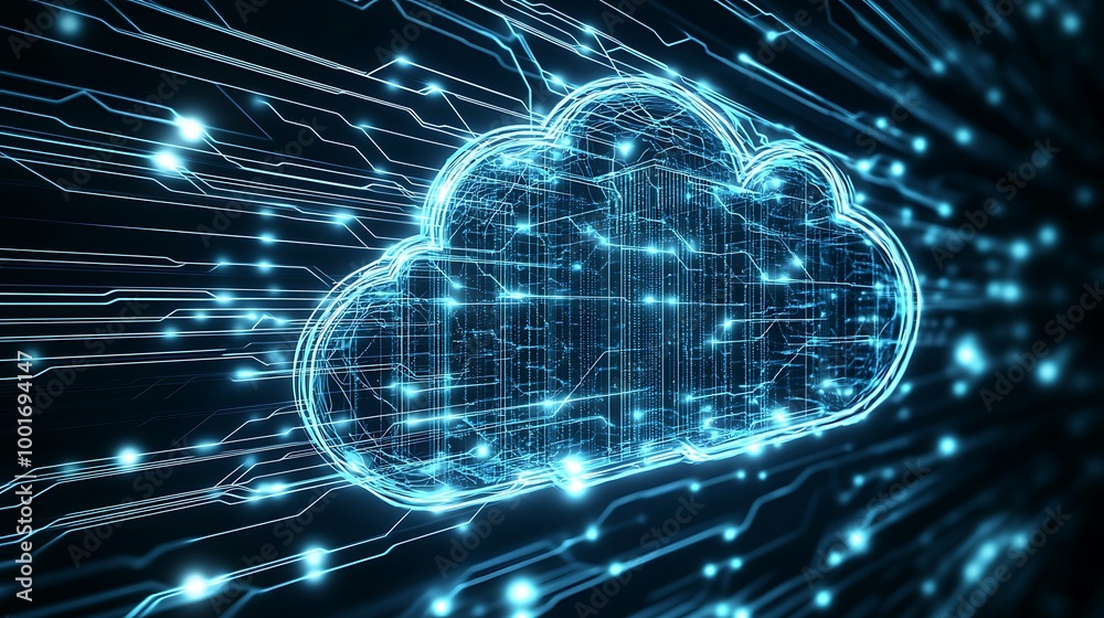 Aufkleber Abstract digital cloud computing concept with glowing lines and dots on a dark background.