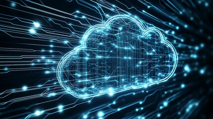 Obraz premium Abstract digital cloud computing concept with glowing lines and dots on a dark background.