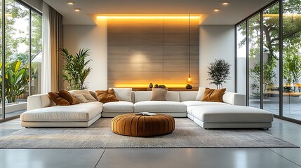 Fototapeta premium Modern living room interior design with white sectional sofa, orange ottoman and warm lighting