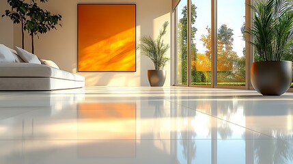 Fototapeta premium Modern living room interior design with white floors and large windows