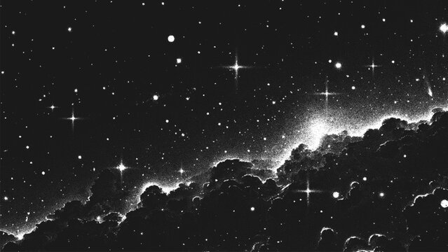 Fototapeta Deep space scene background in stippling style with amazing huge nebula and glowing stars cluster in universe. Retro styled dotwork. Pointillism. Noisy grainy shading using dots. Vector illustration