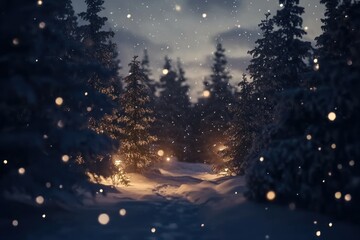 Fototapeta premium Serene Winter Forest with Gentle Snowfall at Dusk