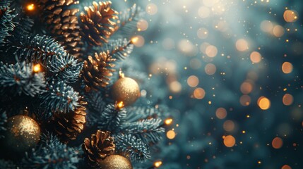 Christmas and New Year holidays background. Christmas tree with golden baubles and lights bokeh background. Space for text. Copy space. Greeting card.