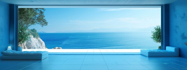Fototapeta premium Minimalist living room with a bright blue accent wall and a view of the sea. Bright lighting, peaceful atmosphere.