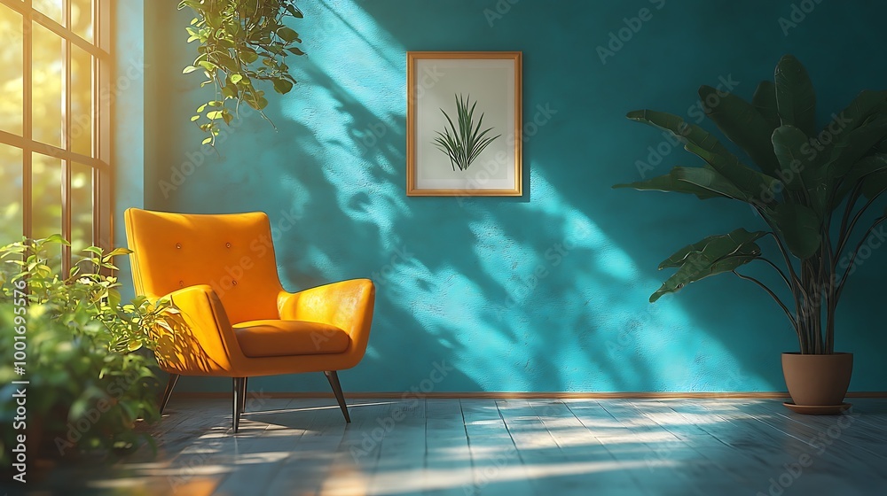 Poster Sunlight streaming through window into modern living room with orange armchair, plants and turquoise wall. Home decor, interior design, cozy