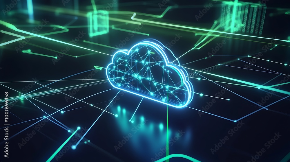 Aufkleber A glowing cloud computing icon with lines connecting it to other icons on a dark background.