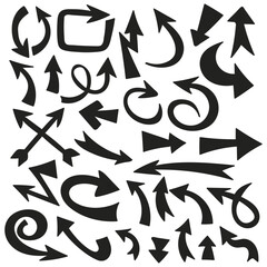 Set of arrows silhouettes. Various black directions, twisted and straight, attached, curved. Arrows of various types.