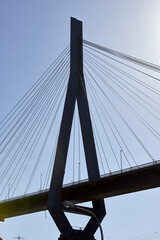 Obraz premium Hamburg harbor, Hamburg, Germany, 2024 09 29, silhouette of Koehlbrand bridge in Hamburg