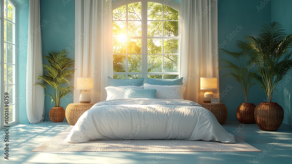 Poster Tropical bedroom interior design with blue walls, white bedding and natural light.