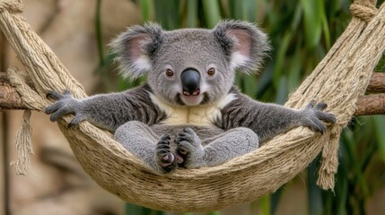 Obraz premium Cute koala relaxing in a cozy hammock at a wildlife sanctuary during a sunny afternoon