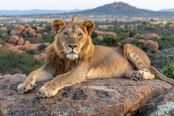 Fototapeta premium Majestic lion resting on a rock in a tranquil savannah landscape at sunset in Africa