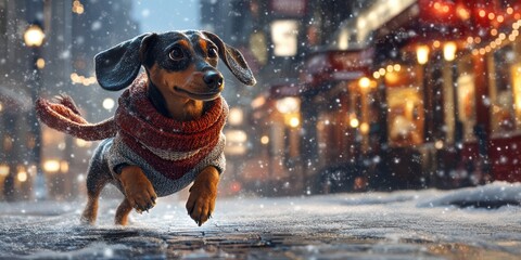 Playful Dachshund in Woolen Sweater and Scarf