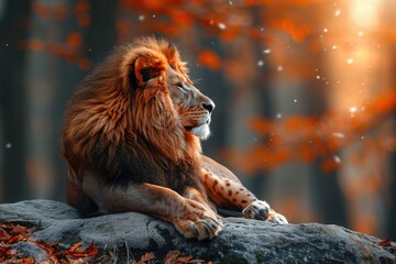 Majestic lion resting on a rock in a forest during autumn with colorful leaves drifting