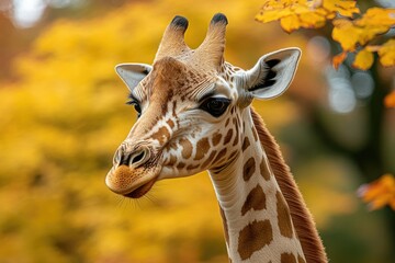 Giraffe standing gracefully amidst vibrant autumn foliage in a serene wildlife park