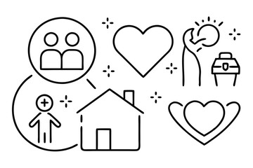 Set of line icons related to charity, donation, social responsibility, friendship, love, Editable stroke. Vector illustration