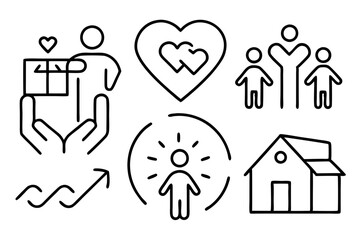 Set of line icons related to charity, donation, social responsibility, friendship, love, Editable stroke. Vector illustration