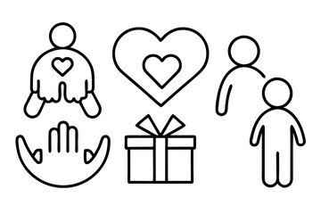 Set of line icons related to charity, donation, social responsibility, friendship, love, Editable stroke. Vector illustration