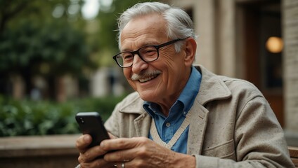 Joyful senior man on a break using his cellphone.