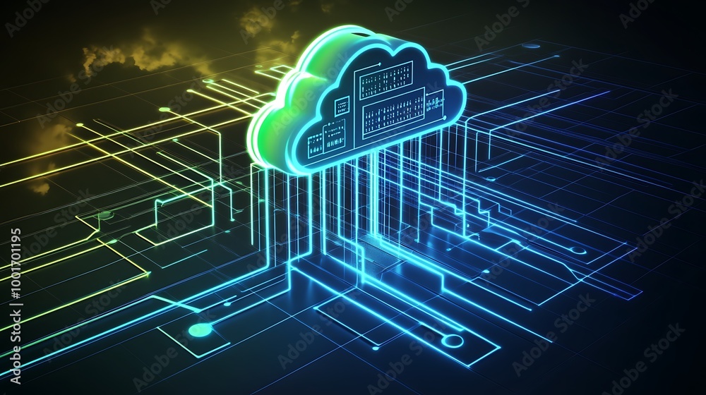 Poster Abstract cloud computing concept with glowing lines.