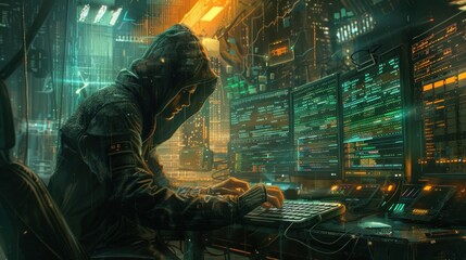 A hacker in a hoodie, typing on a keyboard in a room lit by monitor glow, with code and security warnings on screens.