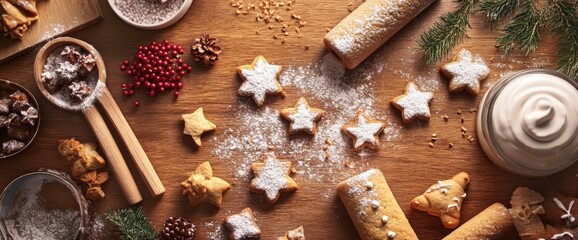 Holiday baking setup with decorated cookies, pastries, and festive toppings on a wooden table during the winter season. Wide web banner.