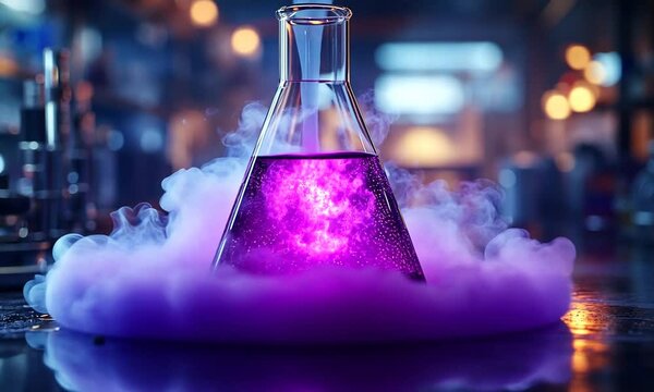 A laboratory flask with purple liquid and smoke effects.