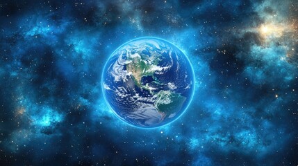 Fototapeta premium A detailed image of planet Earth with clouds, continents, and oceans set against a backdrop of a vast blue space with swirling nebulae and distant stars.