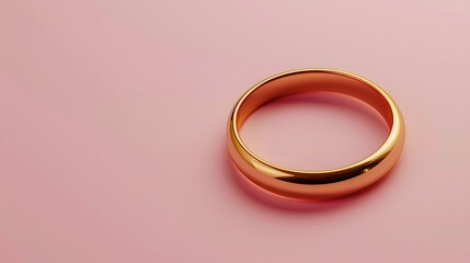Gold wedding ring on pink background with copy space. Minimalist and elegant design for wedding, engagement, or romantic-themed marketing materials. Flat lay composition with focus on the ring.