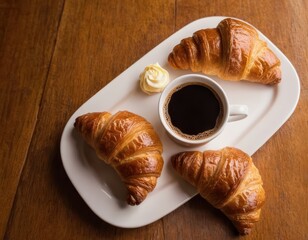 Coffee and croissants on white plate, morning coffee concept