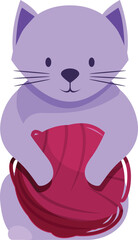 Cute purple cat is hugging a red ball of yarn, ready to knit or crochet