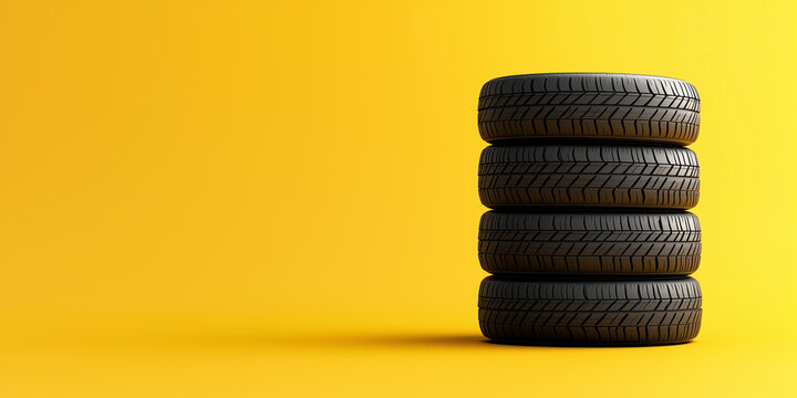 Summer tires and wheels layout on yellow background