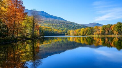 A serene lake surrounded by mountains within a national park, reflecting the vibrant colors of autumn foliage