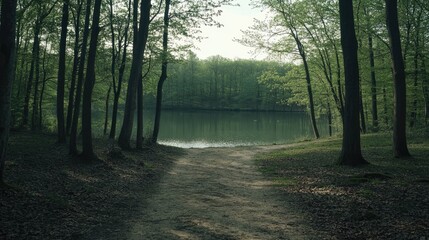 Obraz premium A dirt path leads to a tranquil lake surrounded by lush green trees in a forest.