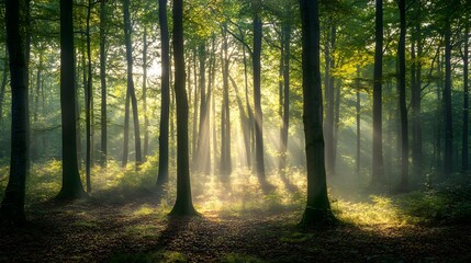 Obraz premium A serene forest landscape with tall trees and dappled sunlight filtering through the leaves, creating intricate patterns on the ground